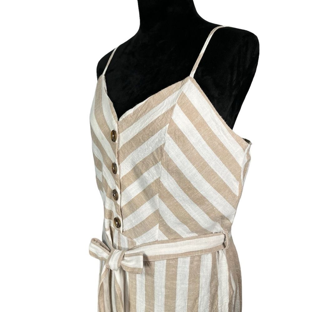 Kensie White Tan Stripe Jumpsuit Cotton Linen Spaghetti Strap Wide Leg Cropped - Picture 4 of 16